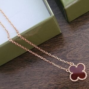 Rose Gold Clover Pendant Necklace with Burgundy Enamel
